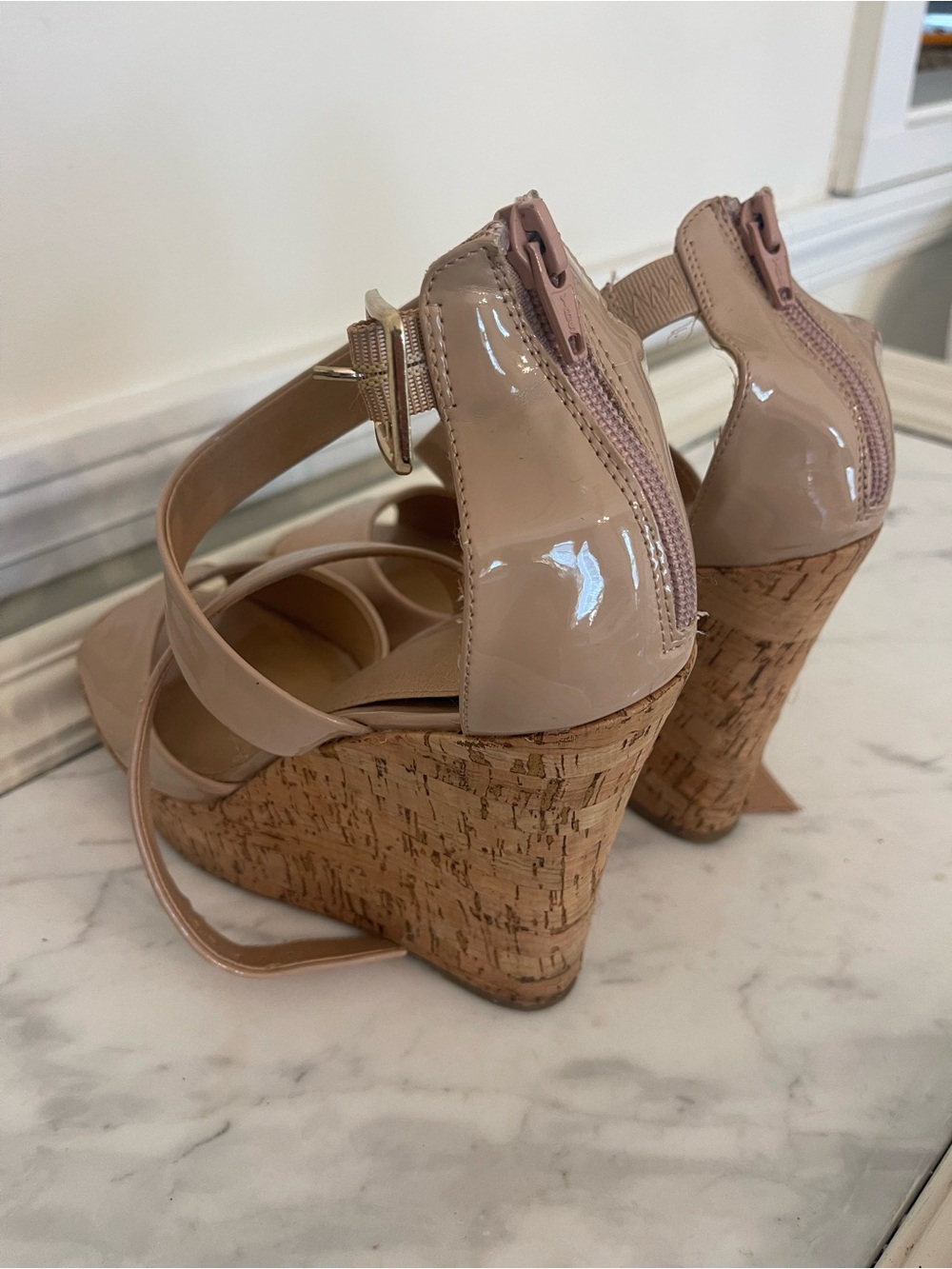Material Girl Nude Patent Cork Wedge Sandals